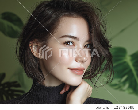 AI生成画像　顎に手をあてる若い女性の顔のアップ 128485699