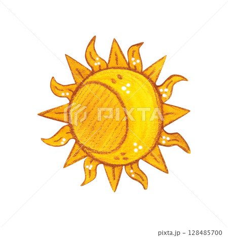 Sun emblem. Watercolor illustration hand drawn, cartoon. Drawing for scrapbooking, stickers. Knight, history, emblem, middle ages, flag, symbol, sun, moon, yellow, Sun emblem. Watercolor illustration hand drawn, cartoon. Drawing for scrapbooking, stickers. Knight, history, emblem, middle ages, flag, symbol, sun, moon, yellow, 128485700