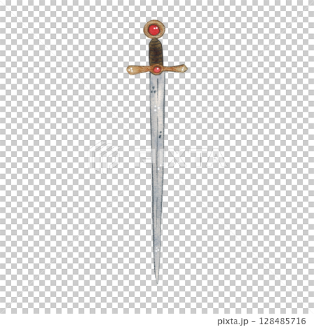 Medieval weapon, sword with a red stone in the handle. Watercolor illustration hand drawn, cartoon. Drawing for scrapbooking, stickers. Knight, history, weapon, sword, iron, defense, handle, middle 128485716