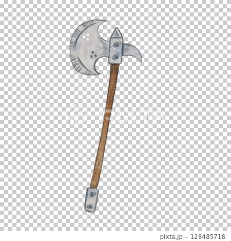 Medieval weapon, axe on a long handle, francisca. Watercolor illustration hand drawn, cartoon. Drawing for scrapbooking, stickers. Knight, history, weapon, axe, francisca Medieval weapon, axe on a long handle, francisca. Watercolor illustration hand drawn, cartoon. Drawing for scrapbooking, stickers. Knight, history, weapon, axe, francisca 128485718