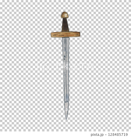 Medieval weapon, sword. Watercolor illustration hand drawn, cartoon. Drawing for scrapbooking, stickers. Knight, history, weapon, sword, iron, defense, handle, middle ages 128485719