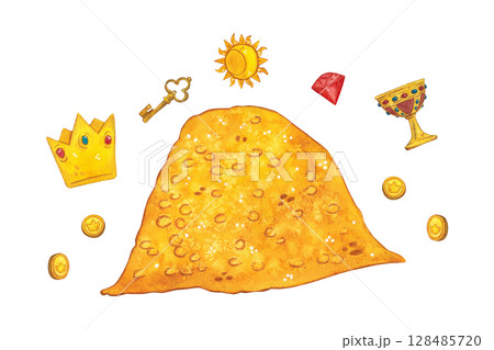 Watercolor illustration set: gold pile, coins, key, crown, gem. Hand drawn illustration, cartoon. Drawing for blanks, stickers, scrapbooking. Wealth, business, money Watercolor illustration set: gold pile, coins, key, crown, gem. Hand drawn illustration, cartoon. Drawing for blanks, stickers, scrapbooking. Wealth, business, money 128485720