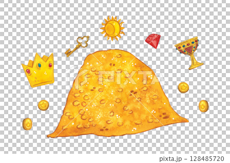 Watercolor illustration set: gold pile, coins, key, crown, gem. Hand drawn illustration, cartoon. Drawing for blanks, stickers, scrapbooking. Wealth, business, money Watercolor illustration set: gold pile, coins, key, crown, gem. Hand drawn illustration, cartoon. Drawing for blanks, stickers, scrapbooking. Wealth, business, money 128485720