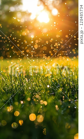 Water sprinkler spraying droplets on a vibrant green lawn with sunflare, symbolizing garden care and summer freshness. 128485734