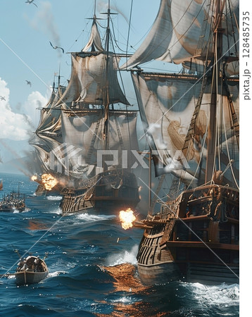 An epic naval battle scene featuring grand sailing ships amidst cannon fire and dramatic skies, invoking historical maritime warfare. 128485735