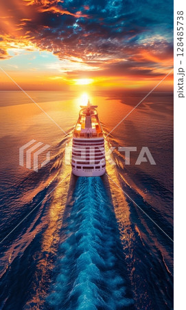 A luxury cruise ship sails through calm waters against a breathtaking sunset sky, offering a sense of grand travel adventures. 128485738
