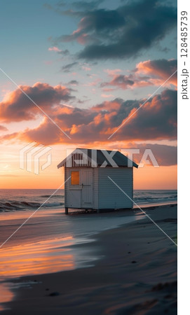 A lone beach house with warm glowing windows stands on a tranquil shore, with the serene ocean and twilight hues in the background 128485739