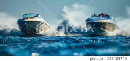 Speedboats race at high velocity, churning the ocean water with powerful, in an intense display of water sportsmanship. 128485740