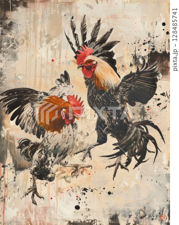 An artistic depiction of a cockfight, rendered in expressive brush strokes and dynamic color splatters, evoking a sense of motion. 128485741