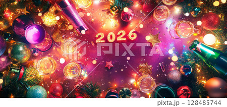 A colorful New Year celebration scene with glasses, decorations, and the year 2025 illuminated, capturing the festive spirit 128485744