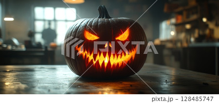 A glowing jack o lantern with a sinister grin, casting shadows in a dimly lit room 128485747