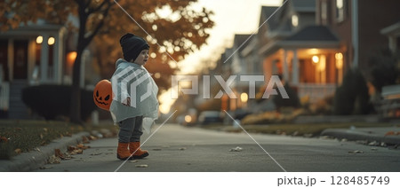 A child in a Halloween ghost costume holding a pumpkin bucket, standing on a suburban street at dusk 128485749