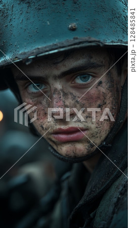 A mud-splattered soldier, wearing a helmet, stares intensely, showcasing the harsh realities of war 128485841