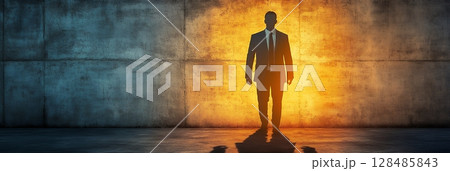 Silhouette of a businessman walking towards a bright light, symbolizing ambition and success Silhouette of a businessman walking towards a bright light, symbolizing ambition and success 128485843