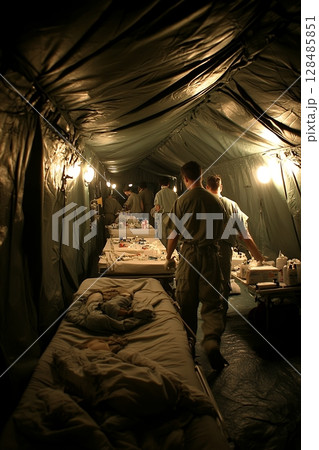 A field hospital inside a dimly lit tent, medics attend to wounded soldiers on cots 128485851