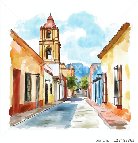 Oaxaca Historic Center. Oaxaca Historic Center hand drawn watercolor illustration Oaxaca Historic Center. Oaxaca Historic Center hand drawn watercolor illustration 128485863