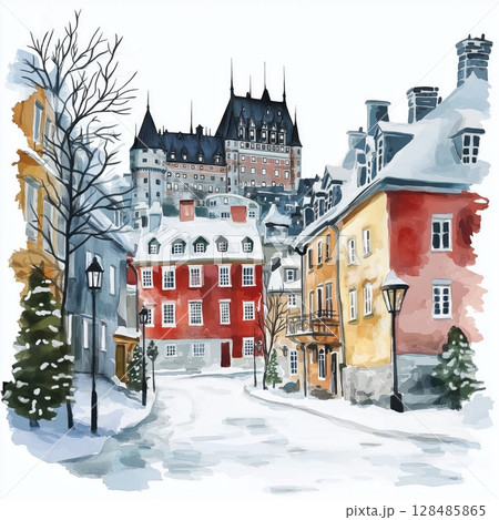 Old Quebec City. Old Quebec City hand drawn watercolor illustration Old Quebec City. Old Quebec City hand drawn watercolor illustration 128485865