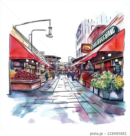 Pike Place Market. Pike Place Market hand drawn watercolor illustration 128485881