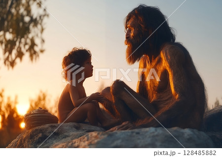 A hairy, ancient-looking man and a young child sit together at sunset, sharing a tender moment 128485882