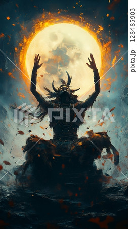 A shamanistic figure performs a ritual under a fiery moon, arms raised in supplication 128485903