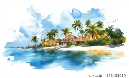 Saona Island. Saona Island hand drawn watercolor illustration 128485919
