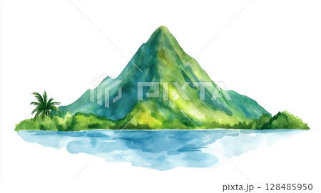 Soufriere Volcano. Soufriere Volcano hand drawn watercolor illustration Soufriere Volcano. Soufriere Volcano hand drawn watercolor illustration 128485950