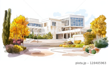 The Getty Center. The Getty Center hand drawn watercolor illustration The Getty Center. The Getty Center hand drawn watercolor illustration 128485963