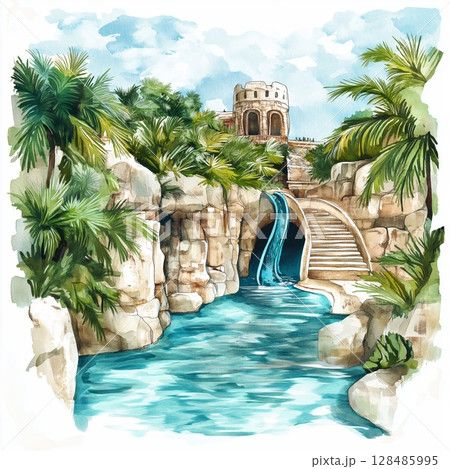Xcaret Eco Park. Xcaret Eco Park hand drawn watercolor illustration Xcaret Eco Park. Xcaret Eco Park hand drawn watercolor illustration 128485995