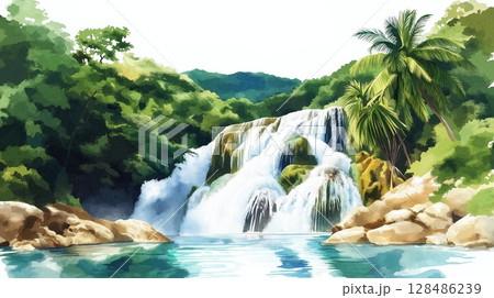 Dunn River Falls. Dunns River Falls hand drawn watercolor illustration 128486239