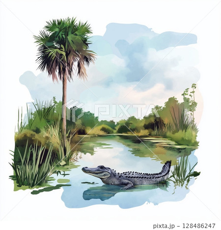 Everglades National Park. Everglades National Park hand drawn watercolor illustration 128486247