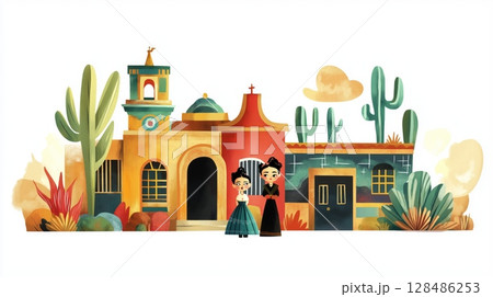 Frida Kahlo Museum. Frida Kahlo Museum hand drawn watercolor illustration Frida Kahlo Museum. Frida Kahlo Museum hand drawn watercolor illustration 128486253