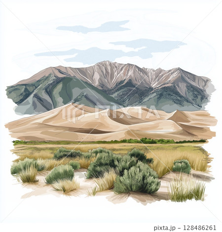 Great Sand Dunes National Park. Great Sand Dunes National Park hand drawn watercolor illustration 128486261