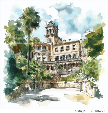 Chapultepec Castle. Chapultepec Castle hand drawn watercolor illustration Chapultepec Castle. Chapultepec Castle hand drawn watercolor illustration 128486275