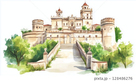 Chapultepec Castle. Chapultepec Castle hand drawn watercolor illustration Chapultepec Castle. Chapultepec Castle hand drawn watercolor illustration 128486276