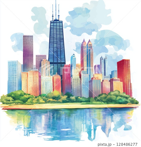 Chicago. Chicago hand drawn watercolor illustration 128486277