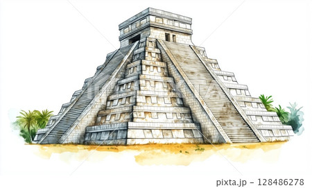 Chichen Itza. Chichen Itza hand drawn watercolor illustration 128486278