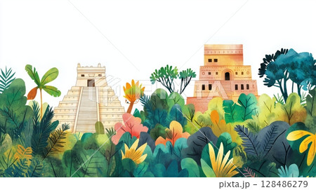 Chichen Itza. Chichen Itza hand drawn watercolor illustration 128486279