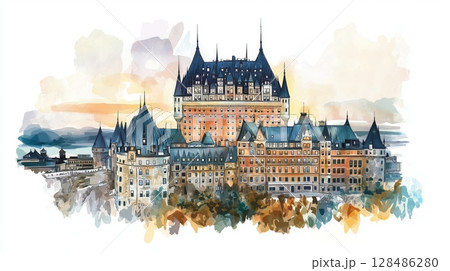 Chateau Frontenac. Chateau Frontenac hand drawn watercolor illustration 128486280