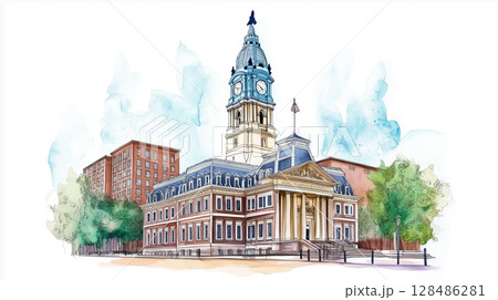 Independence Hall. Independence Hall hand drawn watercolor illustration 128486281