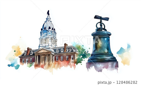 Independence Hall and Liberty Bell. Independence Hall and Liberty Bell hand drawn watercolor illustration Independence Hall and Liberty Bell. Independence Hall and Liberty Bell hand drawn watercolor illustration 128486282