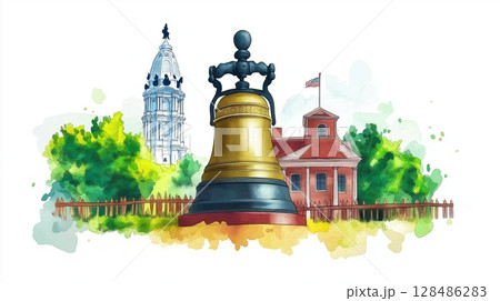 Independence Hall and Liberty Bell. Independence Hall and Liberty Bell hand drawn watercolor illustration Independence Hall and Liberty Bell. Independence Hall and Liberty Bell hand drawn watercolor illustration 128486283