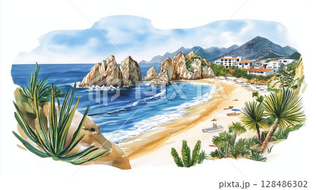 Los Cabos. Los Cabos hand drawn watercolor illustration 128486302