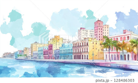 Malecon. Malecon hand drawn watercolor illustration 128486303