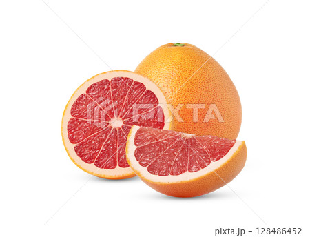 Whole pink grapefruit and two slices isolated. Grapefruit and a half and a slice isolated. Whole pink grapefruit and two slices isolated. Grapefruit and a half and a slice isolated. 128486452