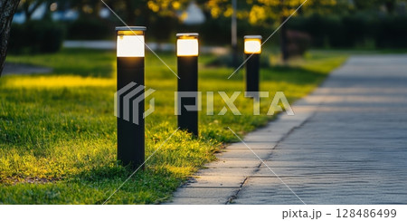 Path lights casting a warm glow on the rustic stone walkway in the park or backyard. Evening Sidewalk. Illuminated Pathway Modern Lights. Outdoor setting, pathway light. Warm glow on the stone walkway Path lights casting a warm glow on the rustic stone walkway in the park or backyard. Evening Sidewalk. Illuminated Pathway Modern Lights. Outdoor setting, pathway light. Warm glow on the stone walkway 128486499