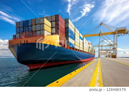 Large cargo ship docked at port, surrounded by colorful containers 128486579