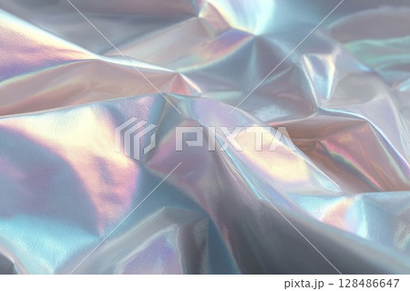 Iridescent texture with rainbow hues. Artistic flair for abstract or design themes, perfect for vibrant or futuristic ideas. Ideal for creative or glossy visuals. 128486647