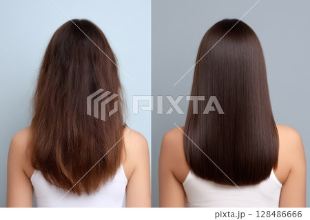 Hair transformation before and after on neutral setting. Modern design for beauty or hair treatment themes, perfect for shiny or restored ideas. Ideal for salon or glowing visuals. 128486666