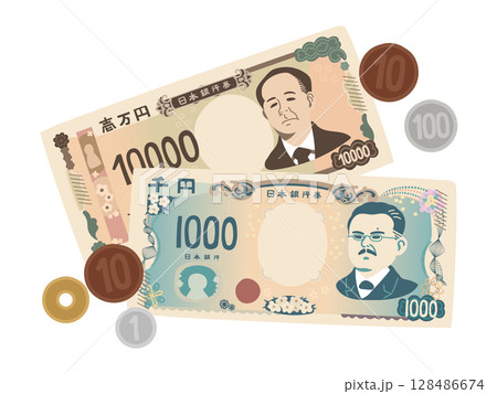 お札と小銭の現金イラスト お札と小銭の現金イラスト 128486674