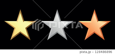 Golden, bronze, silver glossy metallic stars 3d realistic style. 1, 2, 3 place symbols. Golden, bronze, silver glossy metallic stars 3d realistic style. 1, 2, 3 place symbols. 128486896